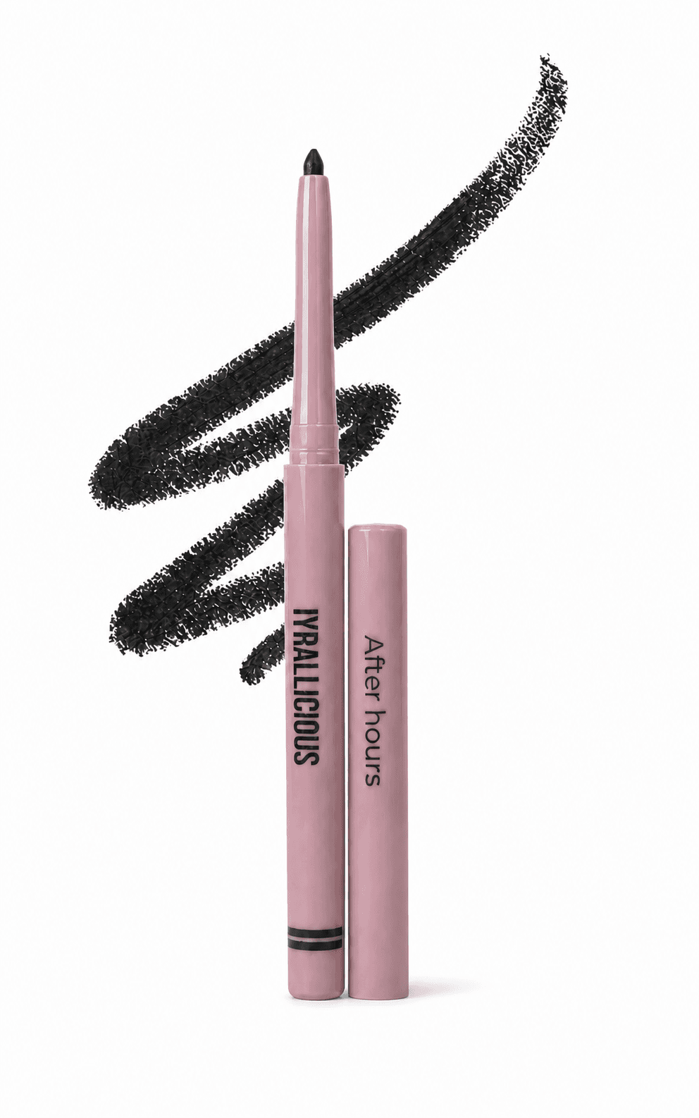 Iyrallicious After Hours lip liner and cap with its shade gesture on white.