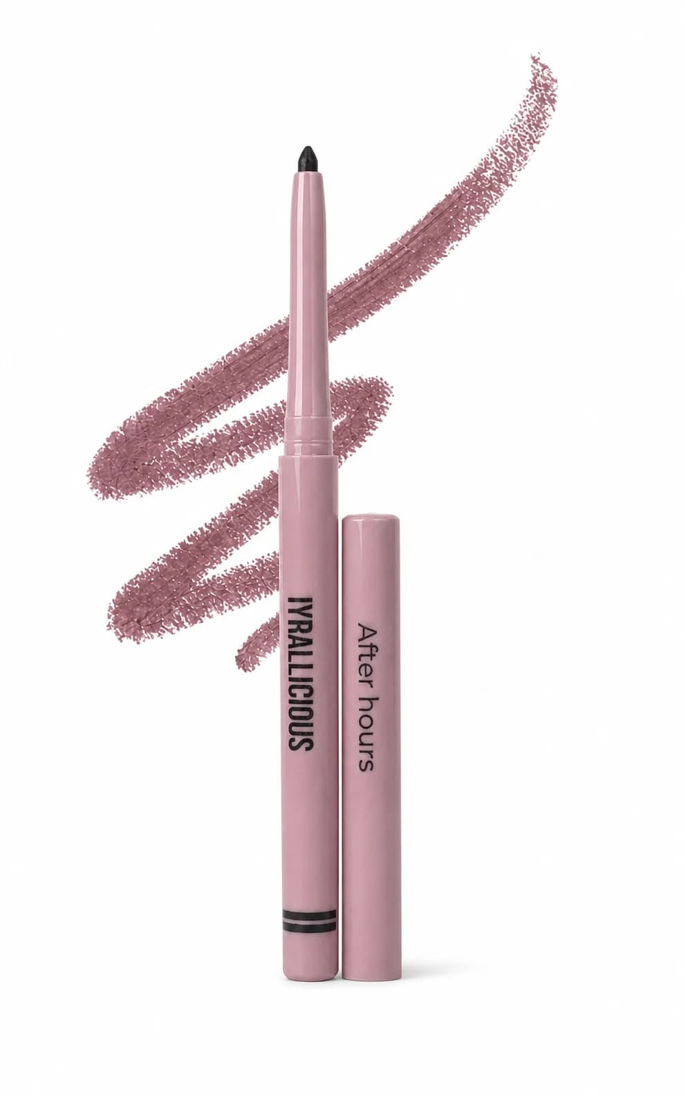 Iyrallicious After Hours lip liner and cap with its shade gesture on white.