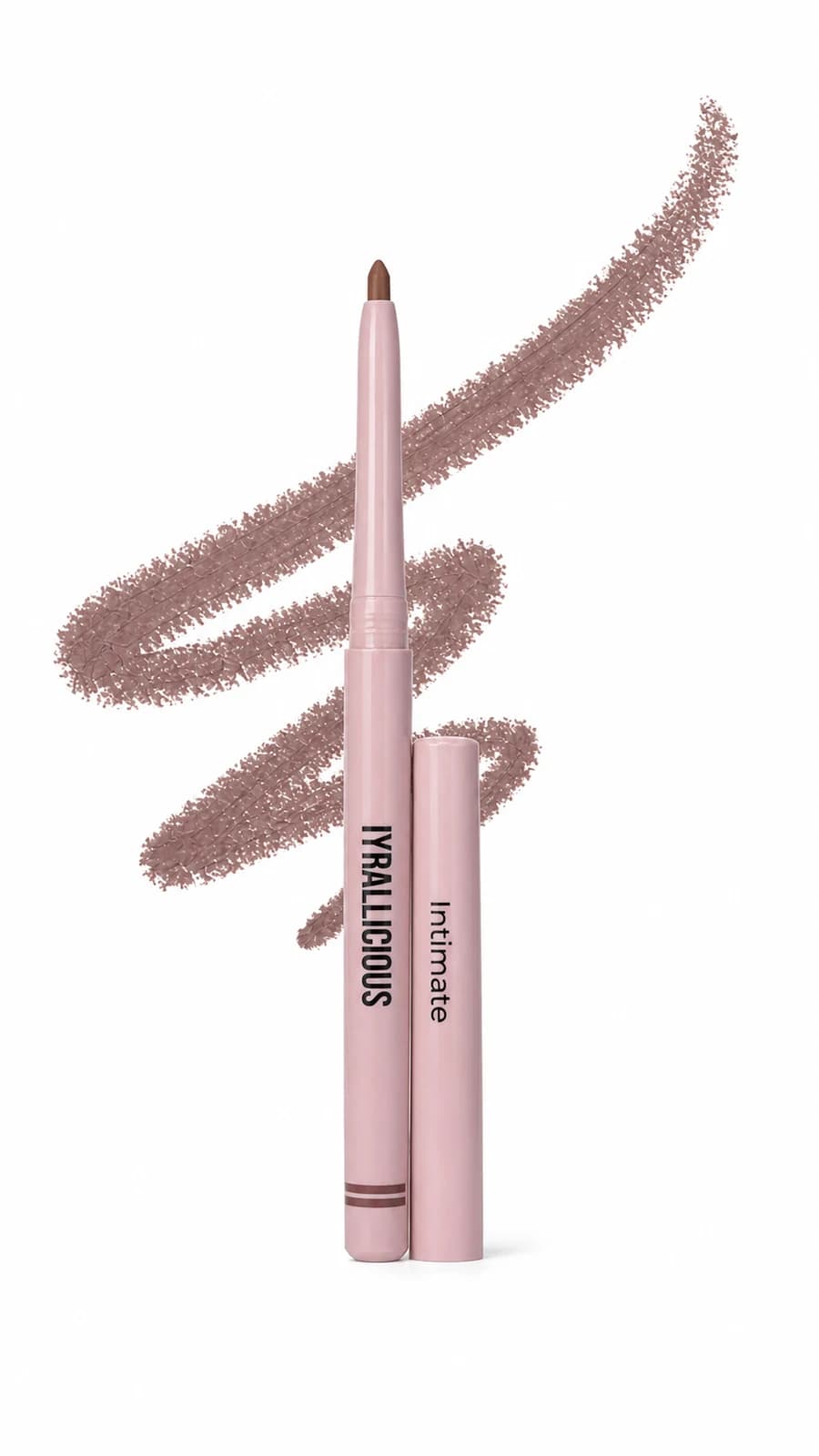 Iyrallicious Intimate nude-brown lip liner and cap with its shade gesture on white.