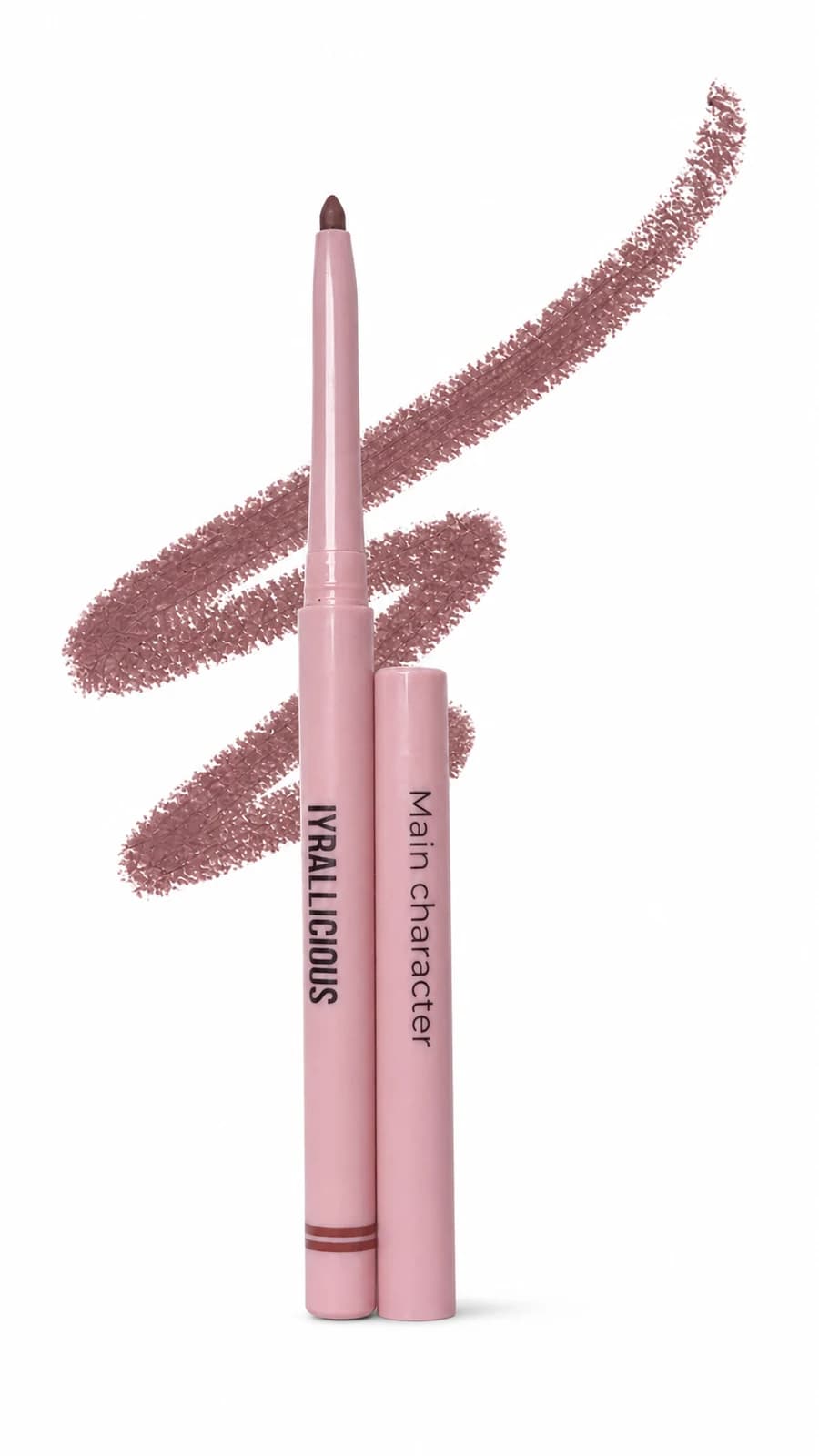 Iyrallicious Main Character warm-brown lip liner and cap with its shade gesture on white.