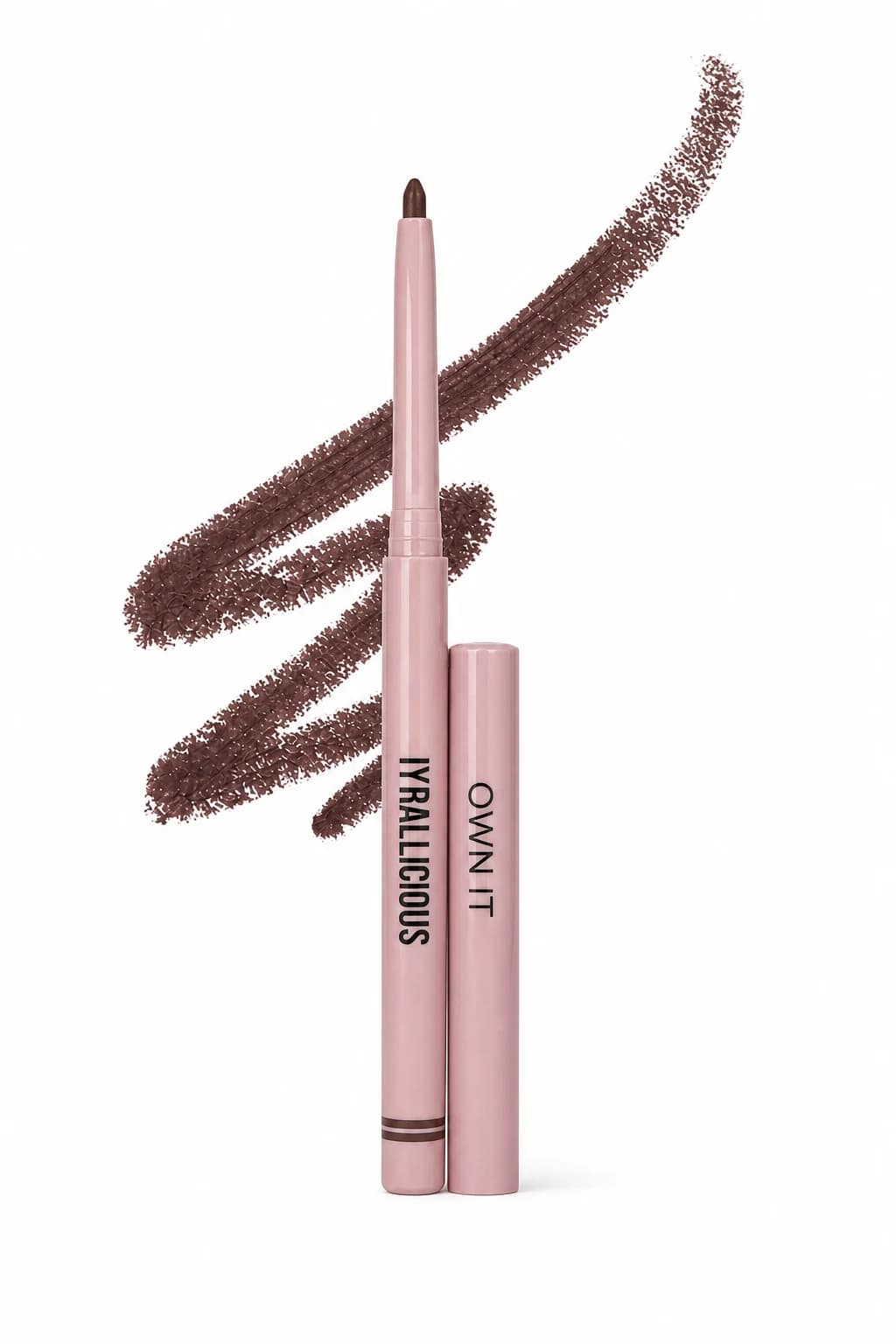 Iyrallicious Own It dark-brown lip liner and cap with its shade gesture on white.