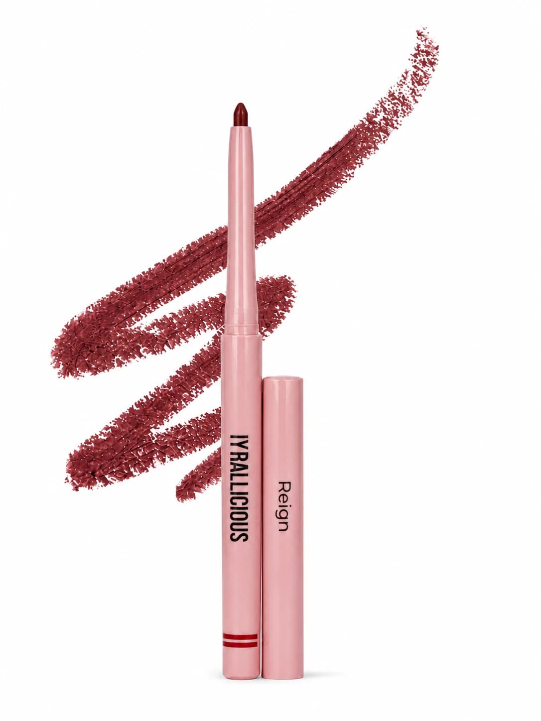 Iyrallicious Reign burgundy-red lip liner and cap with its shade gesture on white.