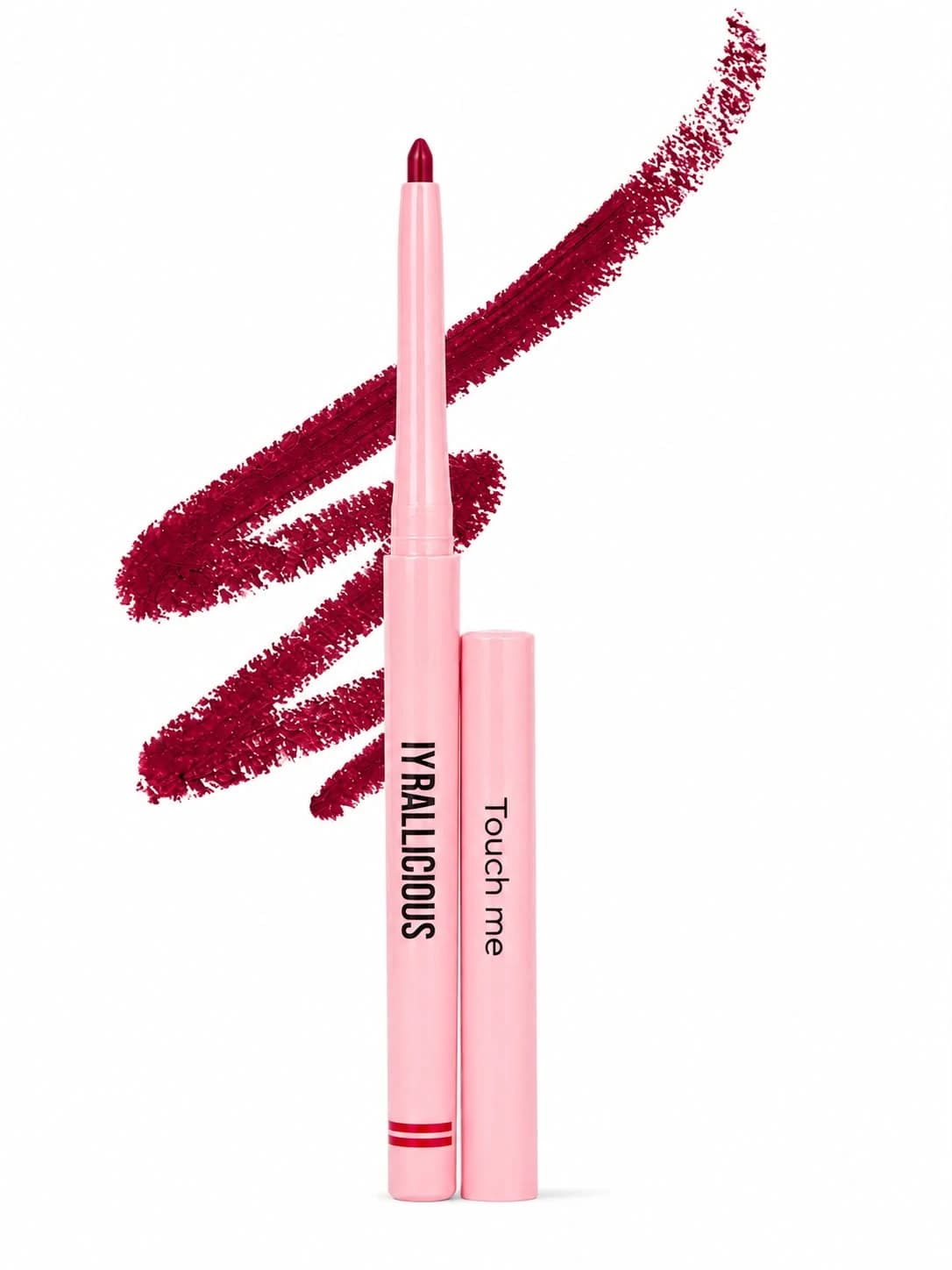 Iyrallicious Touch Me light-red lip liner and cap with its shade gesture on white.
