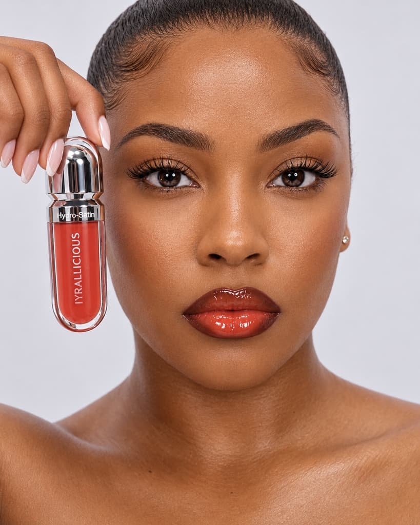 Modèle portant un crayon à lèvres brun chaud et le gloss Hydro-Satin corail.